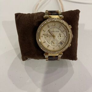 Michael Kors Gold Tone Crystal Bezel Watch with Tortoise Links